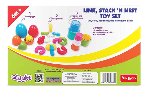 Giggles - Link Stack N Nest Toy Set , Multicolour 3 in 1 gift set, Develops motor skills , 6 months & above, Infant and Preschool Toys